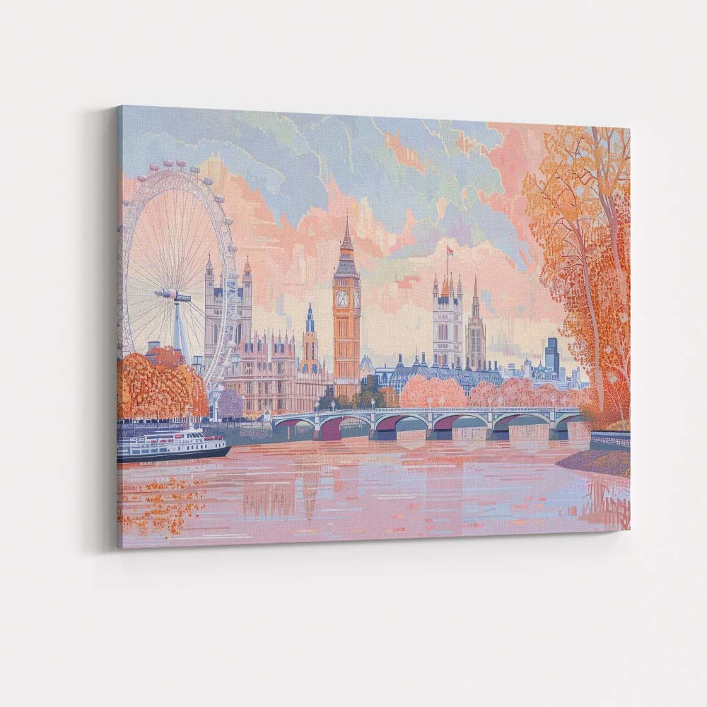 Soft Pastel Westminster London Skyline Riverside Illustration Canvas Wall Art Print Decor Picture Ready to Hang