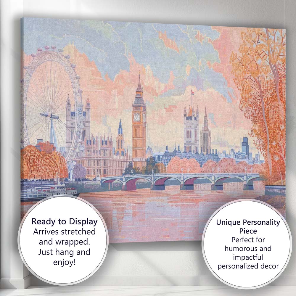 Soft Pastel Westminster London Skyline Riverside Illustration Canvas Wall Art Print Decor Picture Ready to Hang