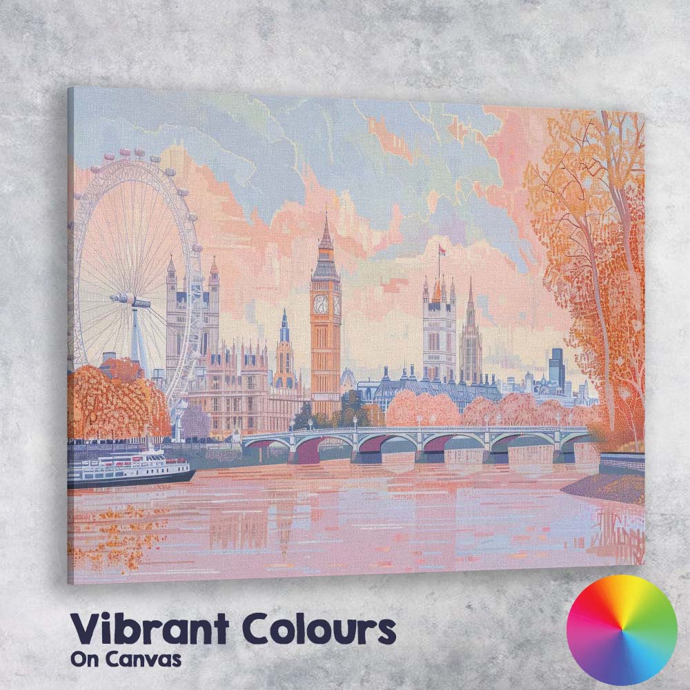 Soft Pastel Westminster London Skyline Riverside Illustration Canvas Wall Art Print Decor Picture Ready to Hang