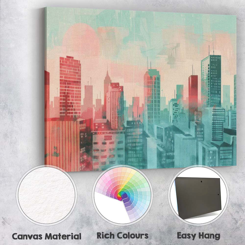 Abstract Pastel Modern City Skyline Watercolour Illustration Canvas Wall Art Print Decor Picture Ready to Hang