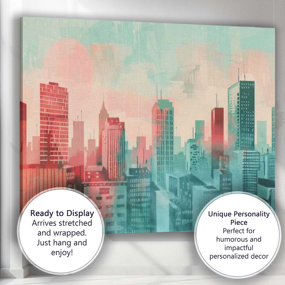 Abstract Pastel Modern City Skyline Watercolour Illustration Canvas Wall Art Print Decor Picture Ready to Hang