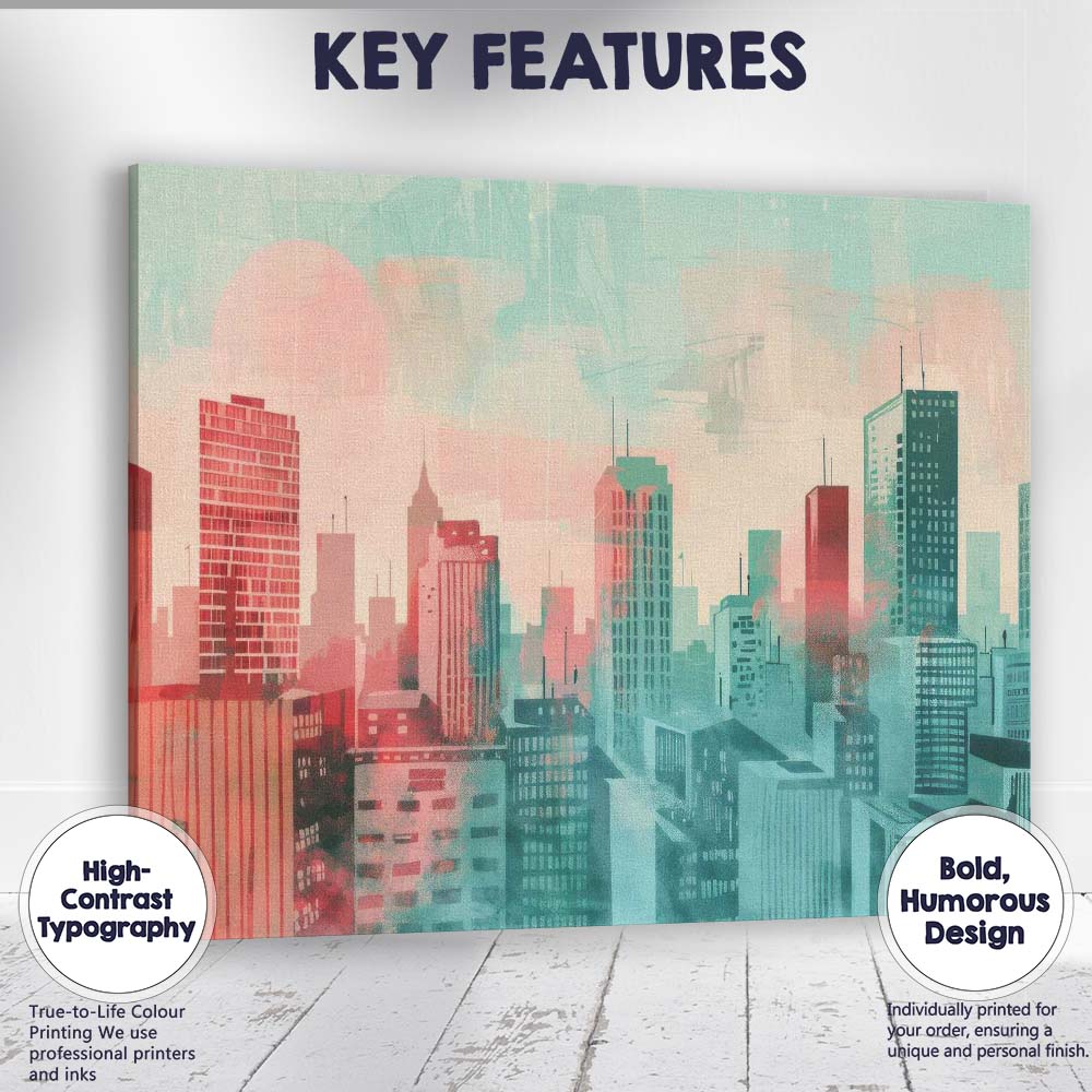 Abstract Pastel Modern City Skyline Watercolour Illustration Canvas Wall Art Print Decor Picture Ready to Hang