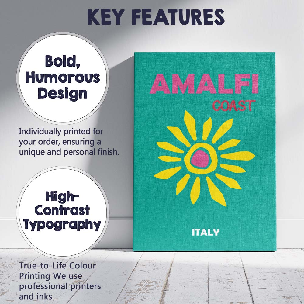Retro Sunshine Amalfi Coast Italy Travel Poster Canvas Wall Art Print Decor Picture Ready to Hang