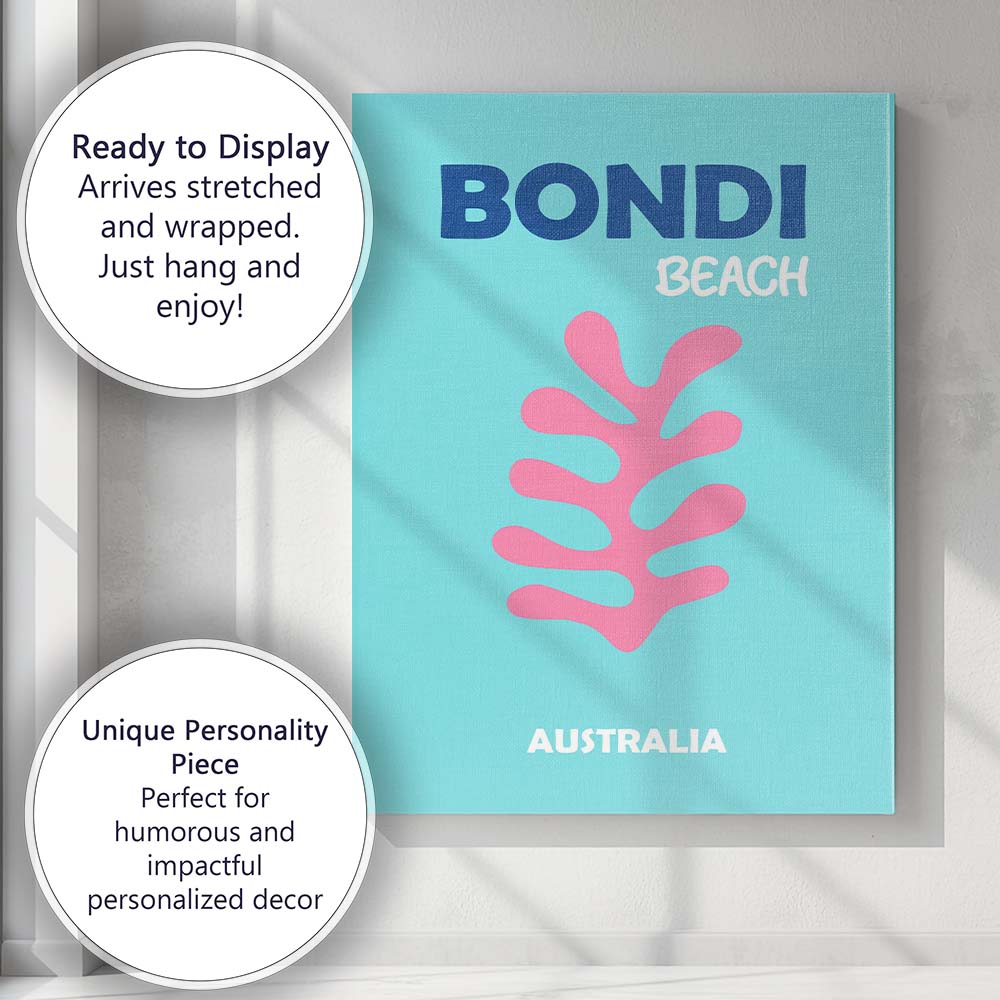 Minimal Pink Coral Bondi Beach Australia Coastal Travel Poster Canvas Wall Art Print Decor Picture Ready to Hang