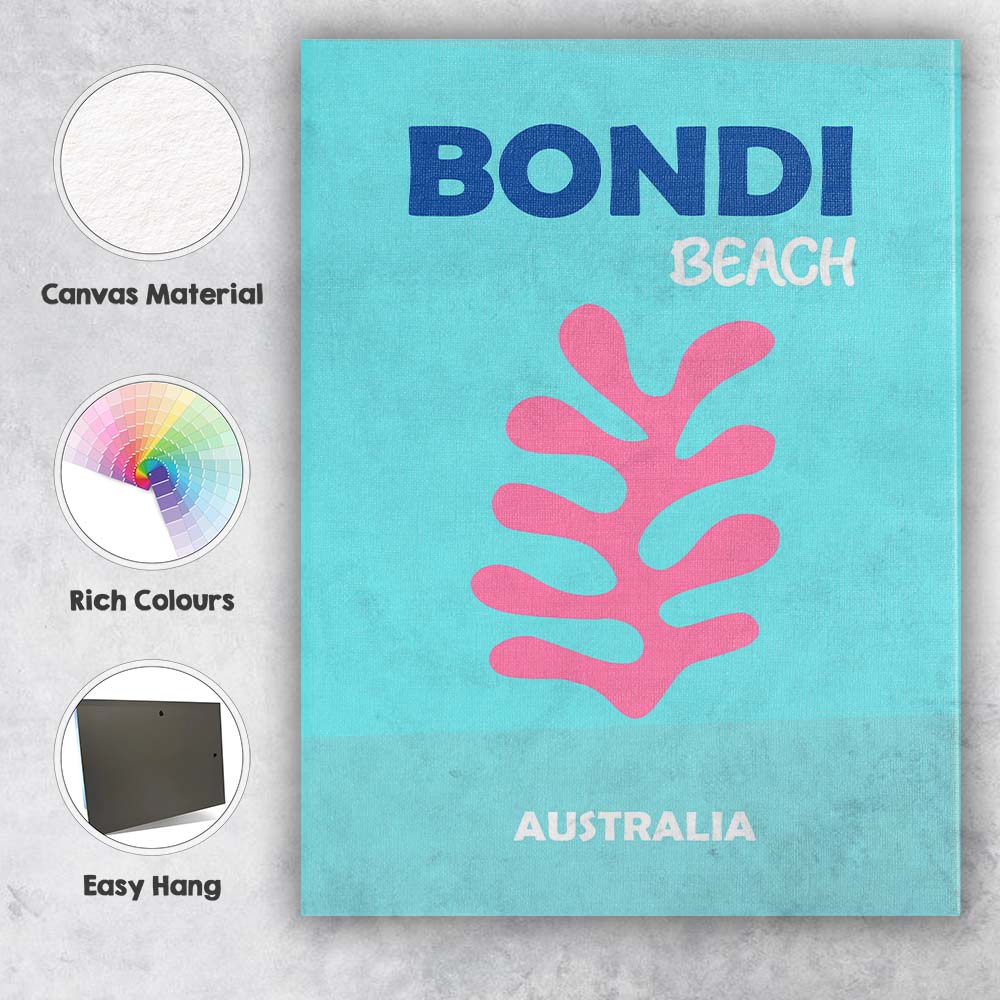 Minimal Pink Coral Bondi Beach Australia Coastal Travel Poster Canvas Wall Art Print Decor Picture Ready to Hang