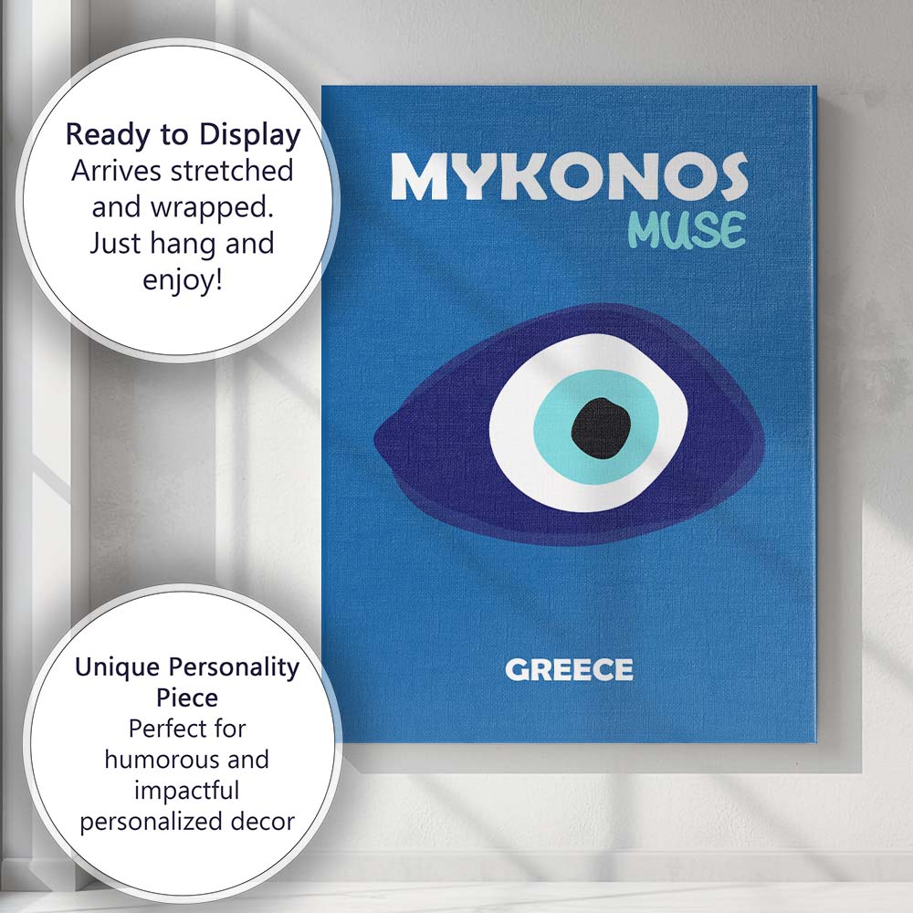 Minimal Evil Eye Mykonos Muse Greece Travel Poster Canvas Wall Art Print Decor Picture Ready to Hang