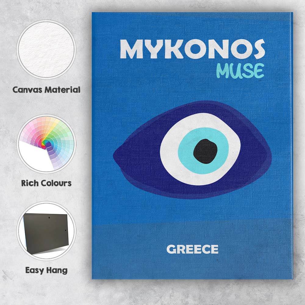 Minimal Evil Eye Mykonos Muse Greece Travel Poster Canvas Wall Art Print Decor Picture Ready to Hang
