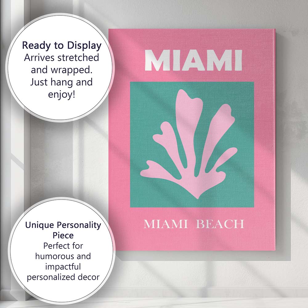 Pink Coral Miami Beach Tropical Coastal Travel Poster Canvas Wall Art Print Decor Picture Ready to Hang