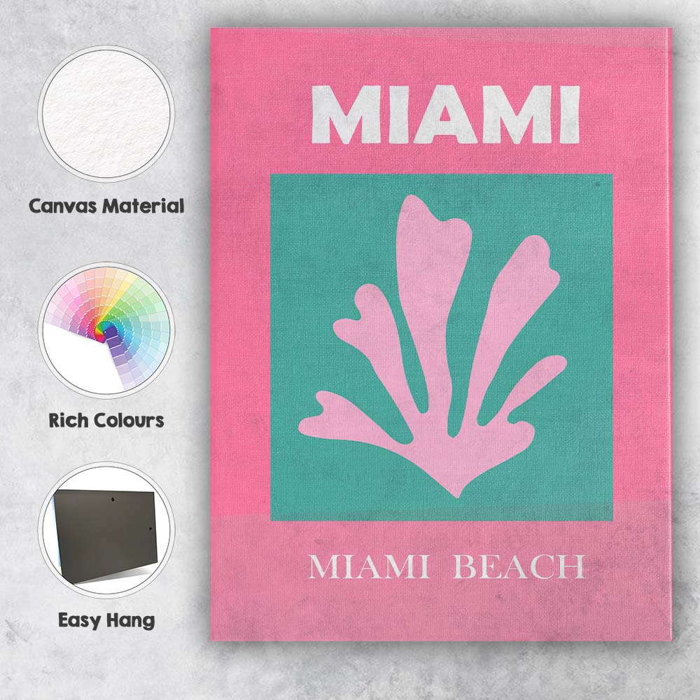 Pink Coral Miami Beach Tropical Coastal Travel Poster Canvas Wall Art Print Decor Picture Ready to Hang