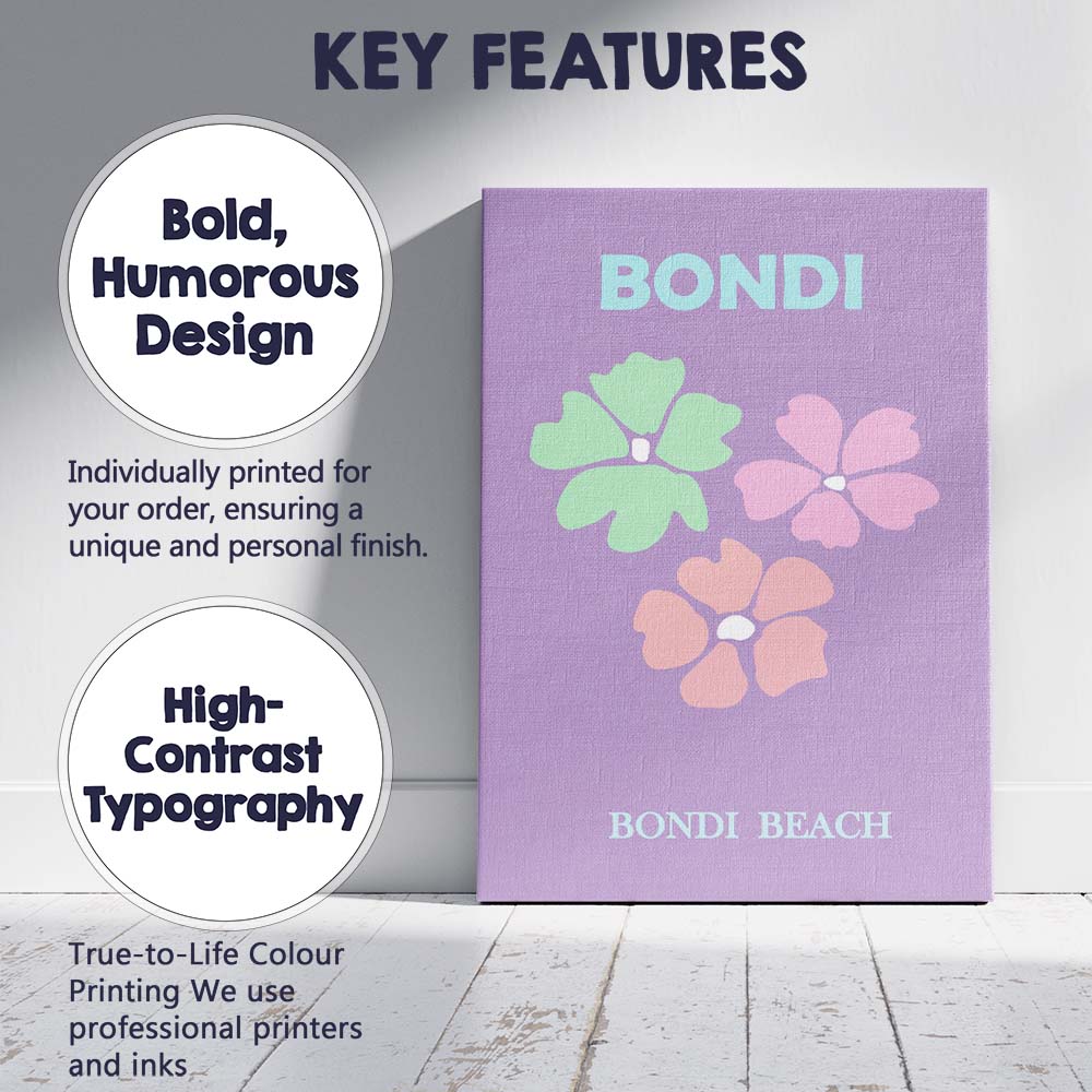 Pastel Floral Bondi Beach Australia Retro Travel Poster Canvas Wall Art Print Decor Picture Ready to Hang