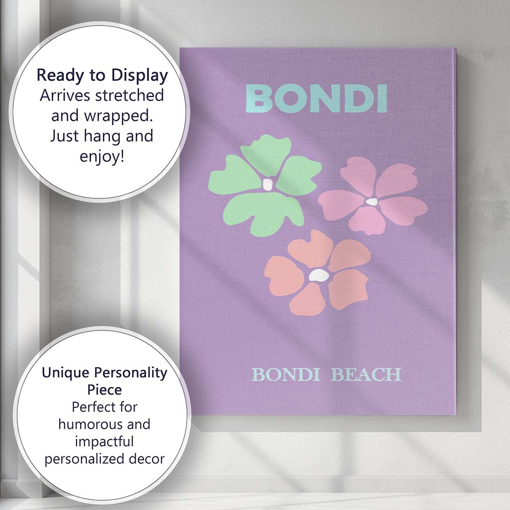 Pastel Floral Bondi Beach Australia Retro Travel Poster Canvas Wall Art Print Decor Picture Ready to Hang