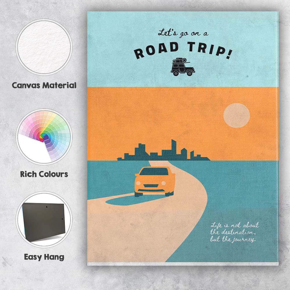 Lets Go On A Road Trip Minimalist Travel Quote Car Illustration Canvas Wall Art Print Decor Picture Ready to Hang