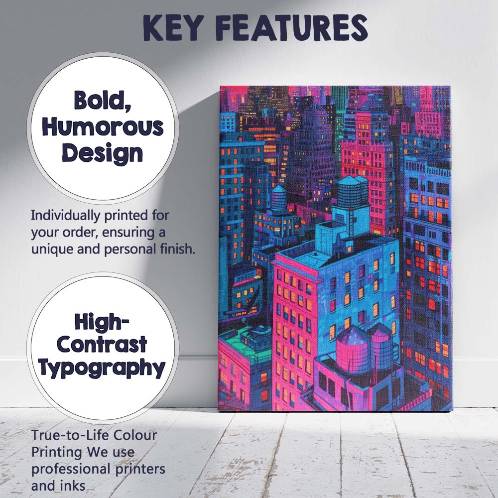 Neon City Skyline Night Urban Architecture Illustration Canvas Wall Art Print Decor Picture Ready to Hang