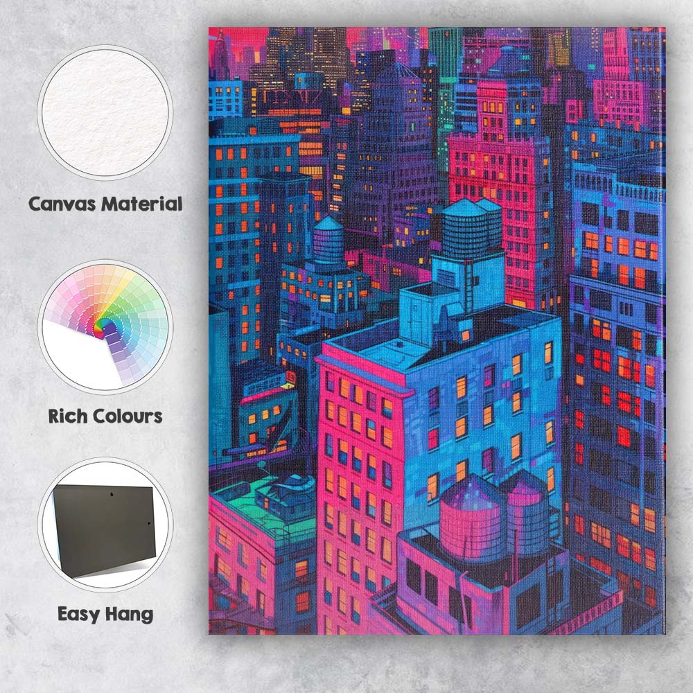 Neon City Skyline Night Urban Architecture Illustration Canvas Wall Art Print Decor Picture Ready to Hang