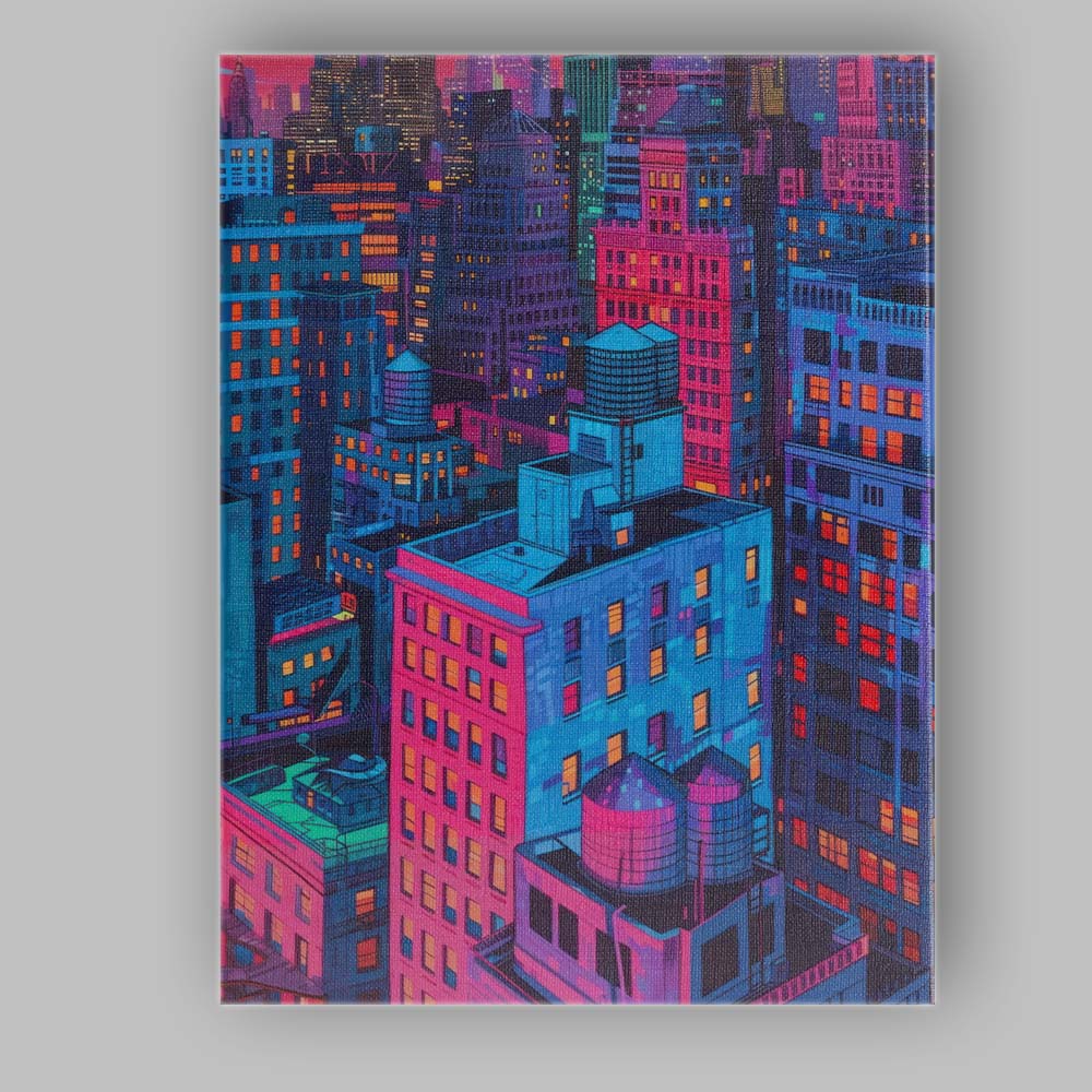 Neon City Skyline Night Urban Architecture Illustration Canvas Wall Art Print Decor Picture Ready to Hang
