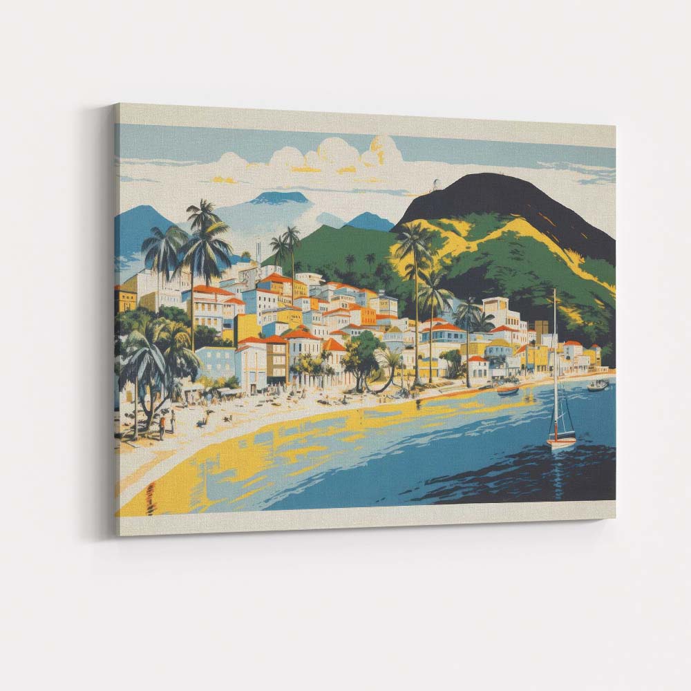 Retro Tropical Coastal Village Beach Harbour Landscape Canvas Wall Art Print Decor Picture Ready to Hang