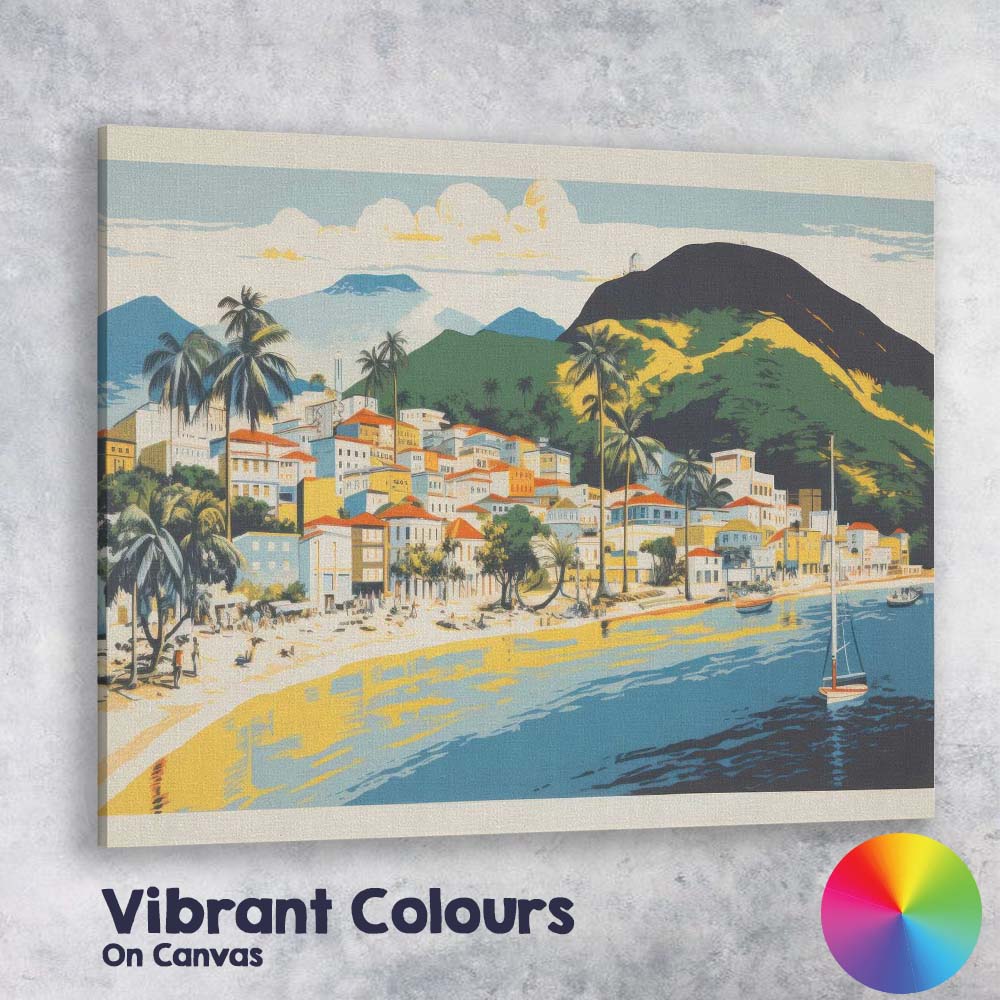 Retro Tropical Coastal Village Beach Harbour Landscape Canvas Wall Art Print Decor Picture Ready to Hang