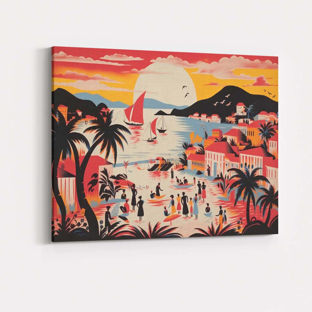 Warm Tropical Island Sunset Harbour Village Illustration Canvas Wall Art Print Decor Picture Ready to Hang