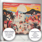 Warm Tropical Island Sunset Harbour Village Illustration Canvas Wall Art Print Decor Picture Ready to Hang