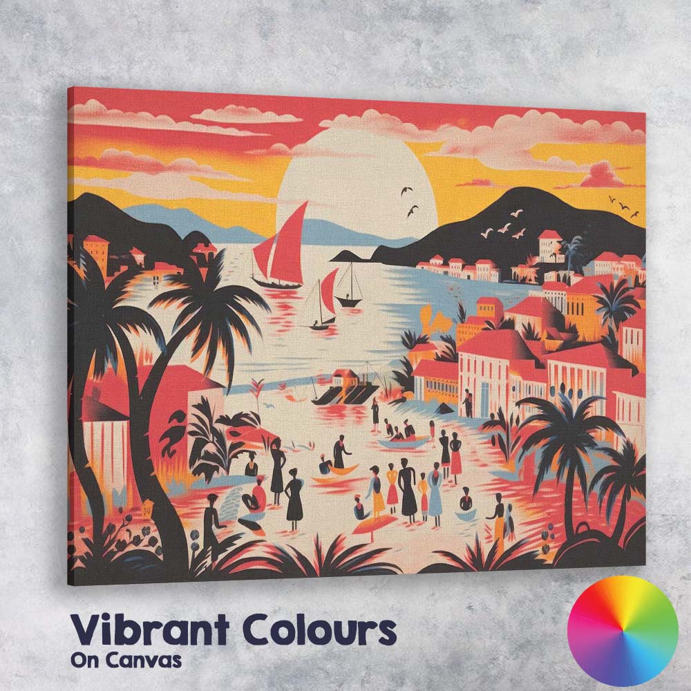 Warm Tropical Island Sunset Harbour Village Illustration Canvas Wall Art Print Decor Picture Ready to Hang