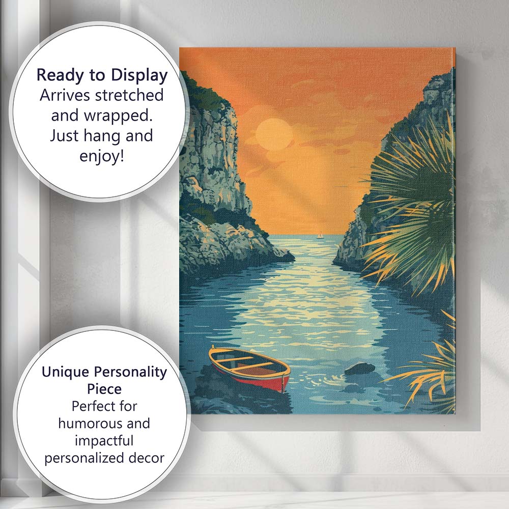 Golden Sunset Rocky Sea Inlet Fishing Boat Illustration Canvas Wall Art Print Decor Picture Ready to Hang