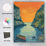 Golden Sunset Rocky Sea Inlet Fishing Boat Illustration Canvas Wall Art Print Decor Picture Ready to Hang