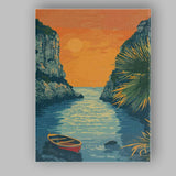 Golden Sunset Rocky Sea Inlet Fishing Boat Illustration Canvas Wall Art Print Decor Picture Ready to Hang