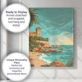 Mediterranean Coastal Fortress Seagull Beach Landscape Canvas Wall Art Print Decor Picture Ready to Hang