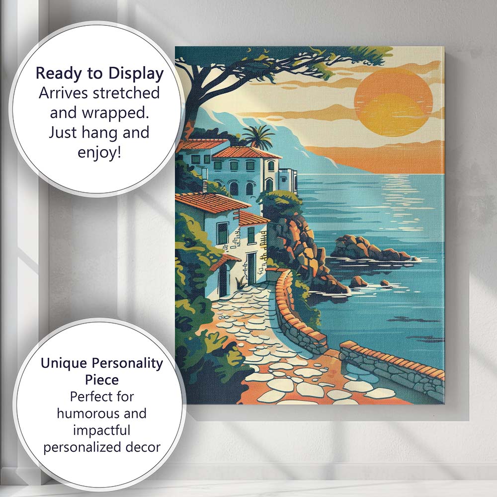 Sunlit Coastal Villa Ocean View Mediterranean Landscape Canvas Wall Art Print Decor Picture Ready to Hang