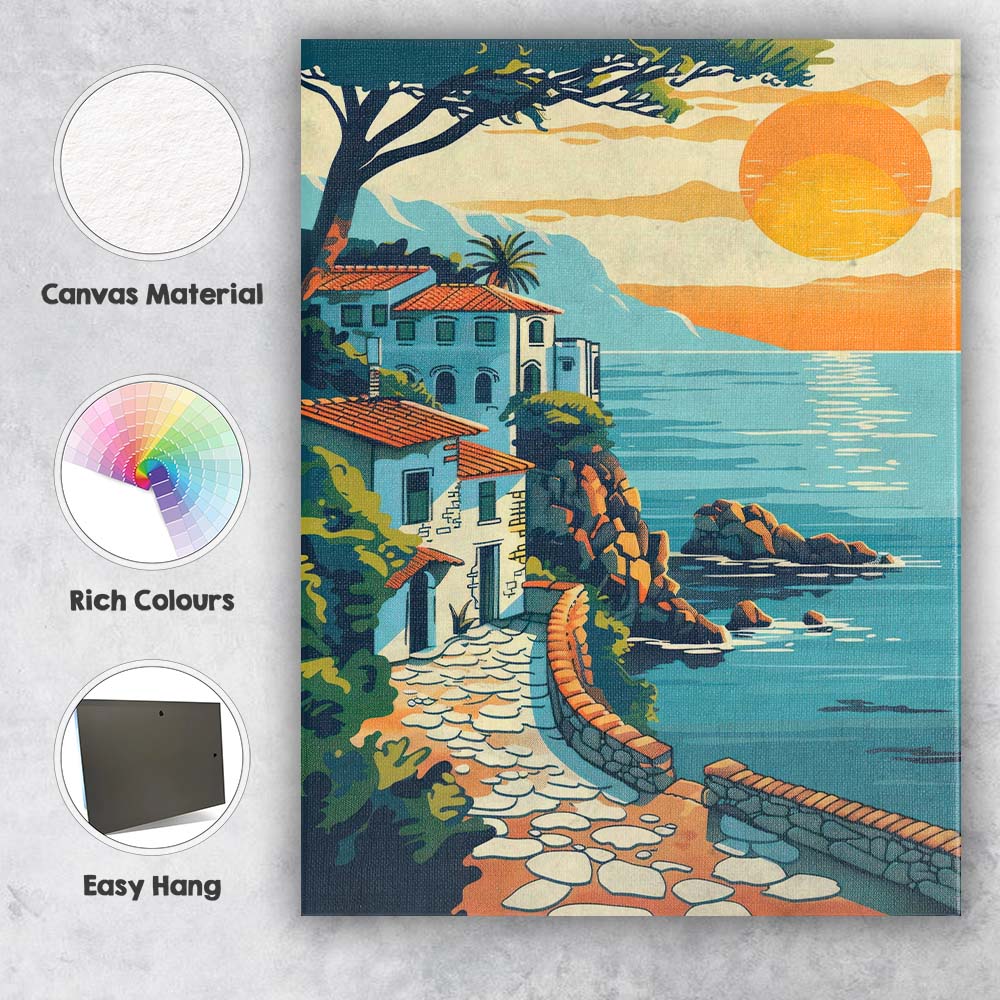 Sunlit Coastal Villa Ocean View Mediterranean Landscape Canvas Wall Art Print Decor Picture Ready to Hang