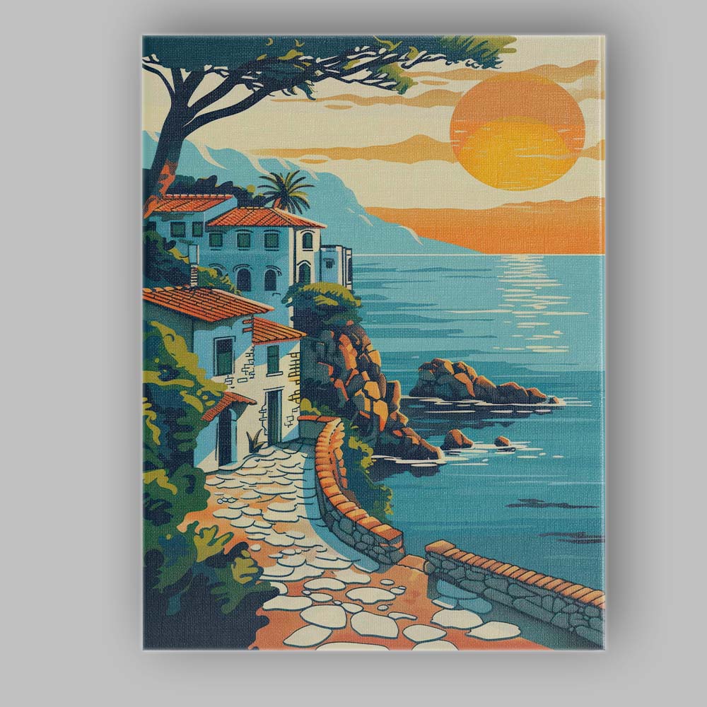 Sunlit Coastal Villa Ocean View Mediterranean Landscape Canvas Wall Art Print Decor Picture Ready to Hang
