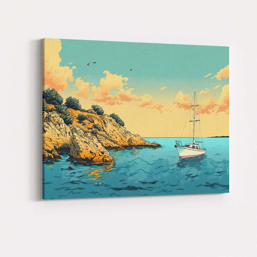 Peaceful Coastal Fishing Boat Calm Sea Illustration Canvas Wall Art Print Decor Picture Ready to Hang