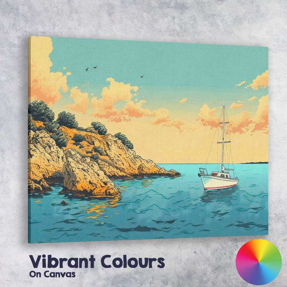 Peaceful Coastal Fishing Boat Calm Sea Illustration Canvas Wall Art Print Decor Picture Ready to Hang