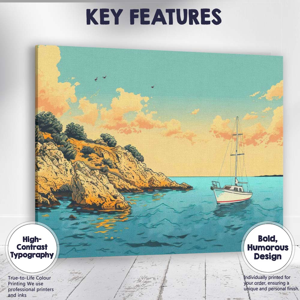 Peaceful Coastal Fishing Boat Calm Sea Illustration Canvas Wall Art Print Decor Picture Ready to Hang