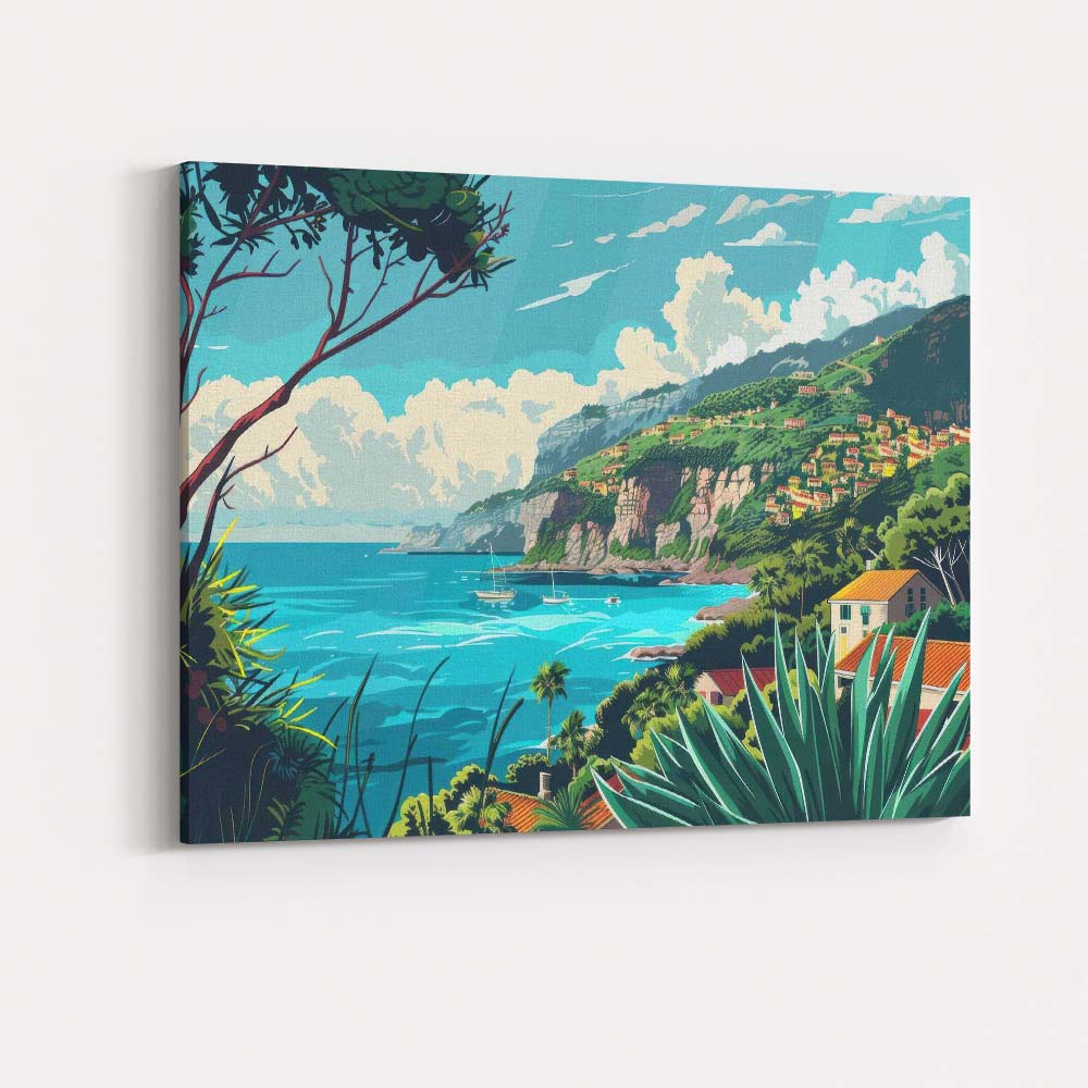 Mediterranean Hillside Village Turquoise Bay Scenic Landscape Canvas Wall Art Print Decor Picture Ready to Hang