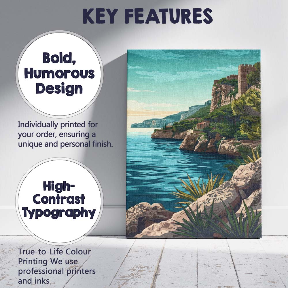 Retro Coastal Castle Rocky Cliffs Seascape Travel Poster Canvas Wall Art Print Decor Picture Ready to Hang