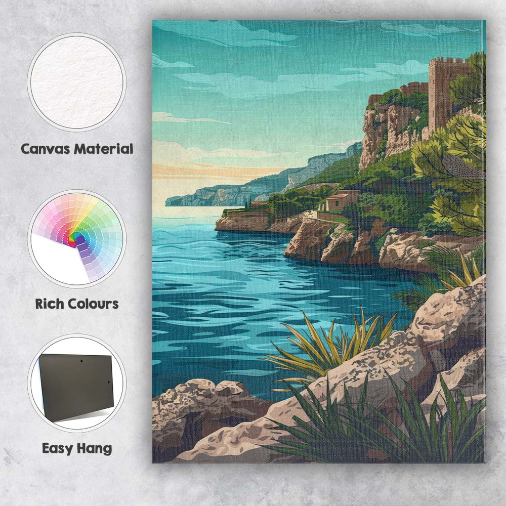 Retro Coastal Castle Rocky Cliffs Seascape Travel Poster Canvas Wall Art Print Decor Picture Ready to Hang
