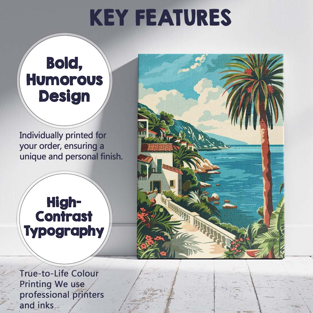 Retro Seaside Villa Palm Garden Coastal View Travel Poster Canvas Wall Art Print Decor Picture Ready to Hang
