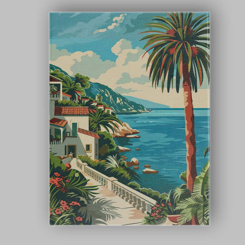 Retro Seaside Villa Palm Garden Coastal View Travel Poster Canvas Wall Art Print Decor Picture Ready to Hang