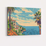 Mediterranean Coastal Villa Ocean View Floral Garden Travel Poster Canvas Wall Art Print Decor Picture Ready to Hang