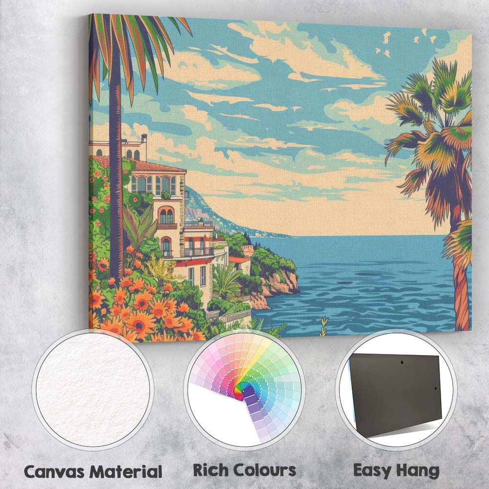 Mediterranean Coastal Villa Ocean View Floral Garden Travel Poster Canvas Wall Art Print Decor Picture Ready to Hang