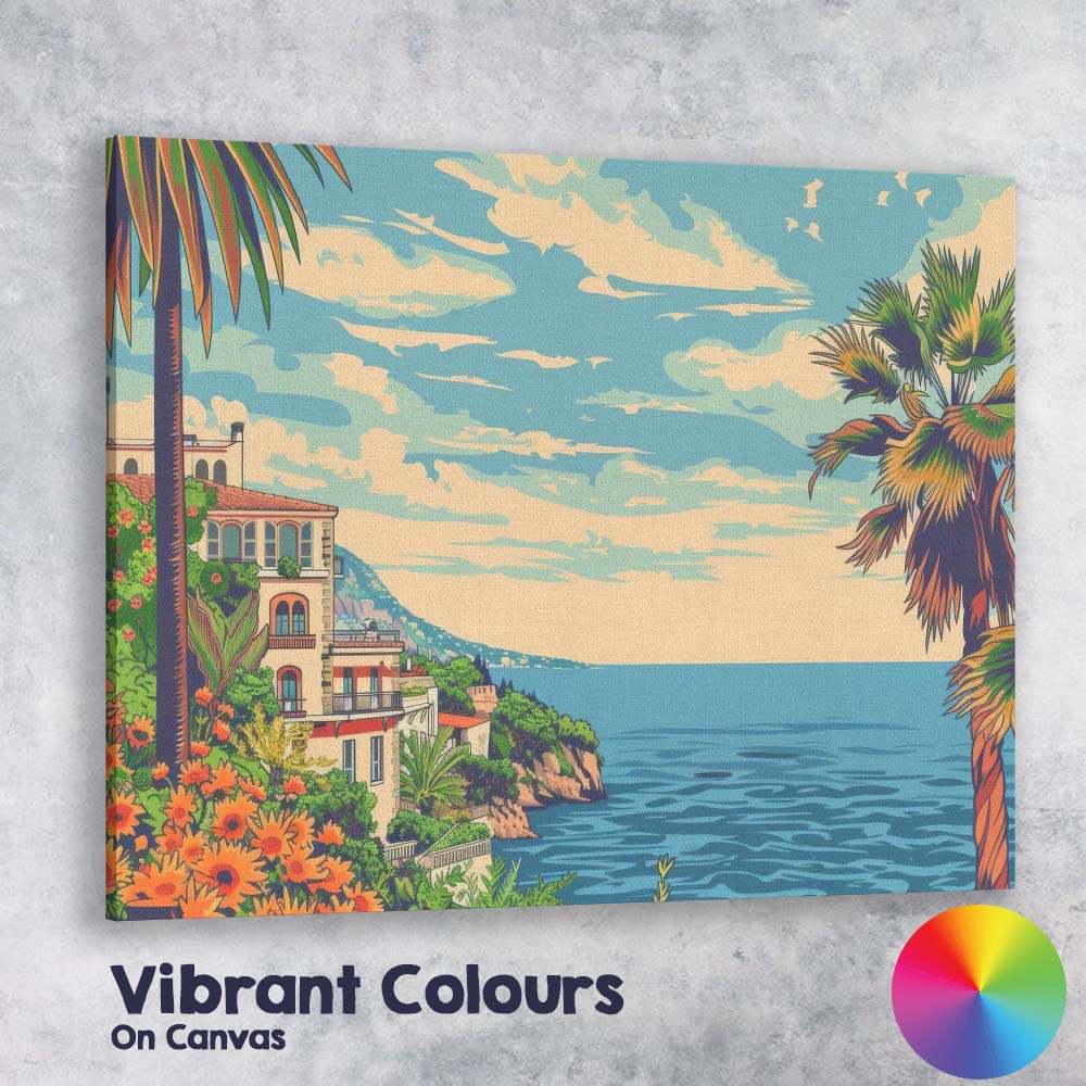 Mediterranean Coastal Villa Ocean View Floral Garden Travel Poster Canvas Wall Art Print Decor Picture Ready to Hang