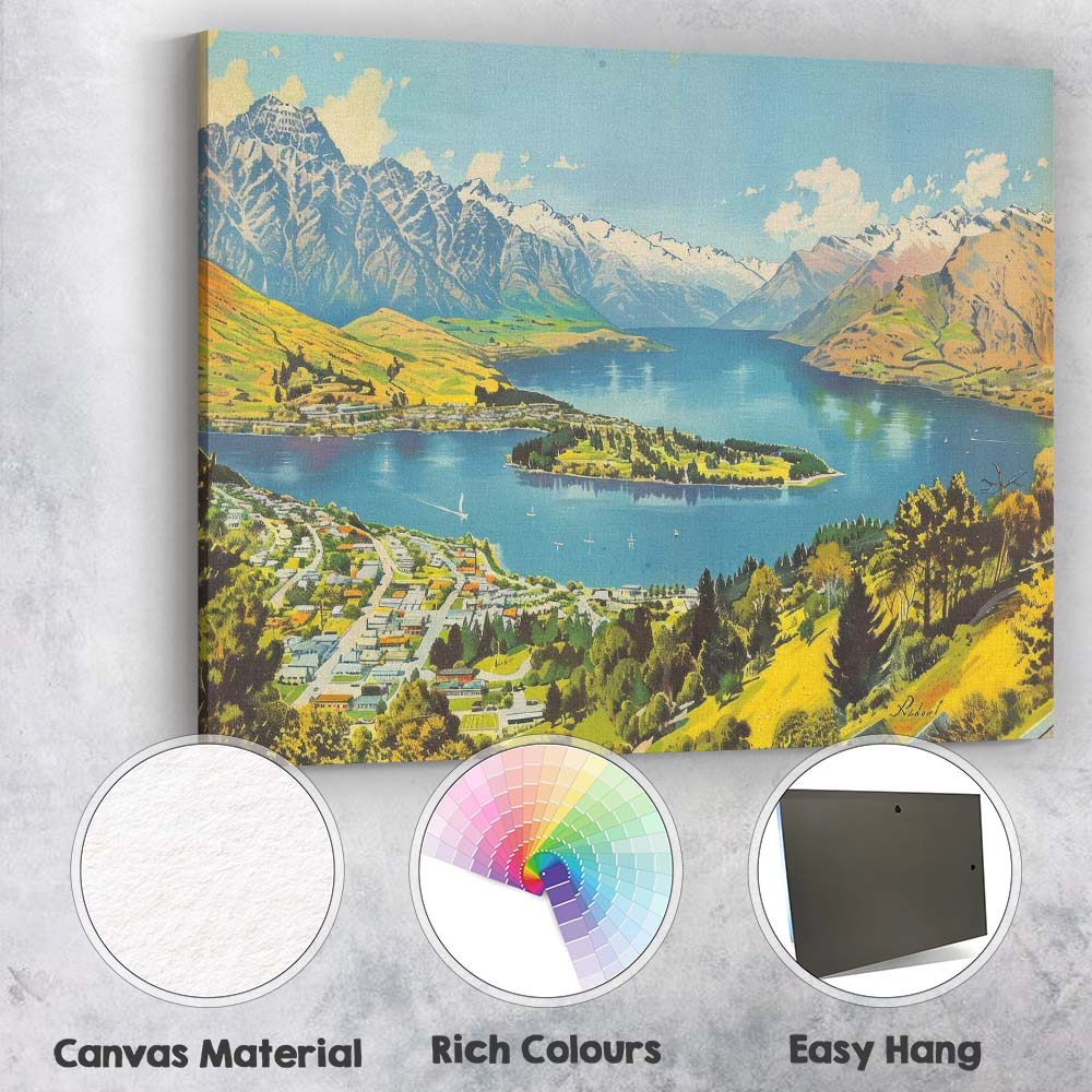 Scenic Queenstown New Zealand Lake Wakatipu Snow Capped Mountains Panorama Travel Poster Canvas Wall Art Print Decor Picture Ready to Hang