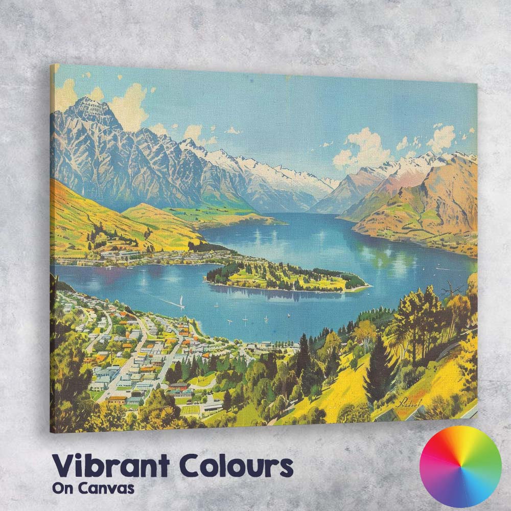 Scenic Queenstown New Zealand Lake Wakatipu Snow Capped Mountains Panorama Travel Poster Canvas Wall Art Print Decor Picture Ready to Hang