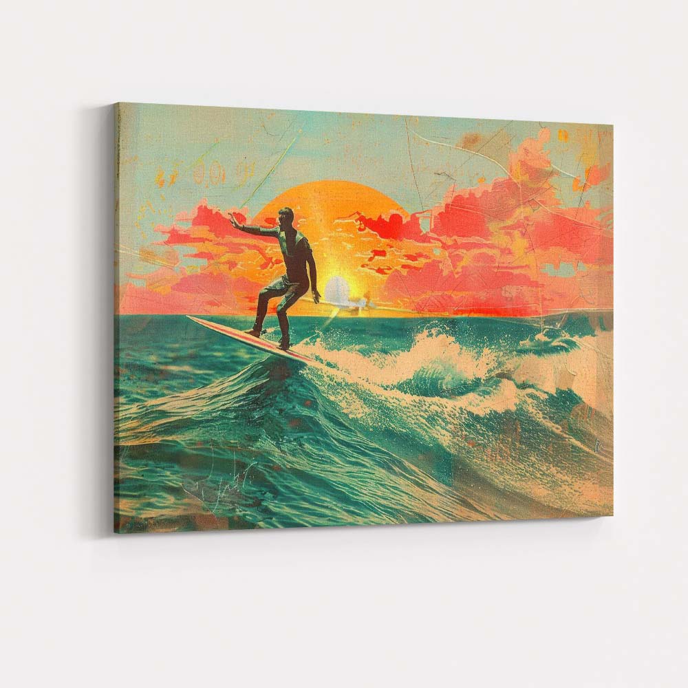 Retro Sunset Surfing Ocean Waves Tropical Beach Travel Poster Canvas Wall Art Print Decor Picture Ready to Hang