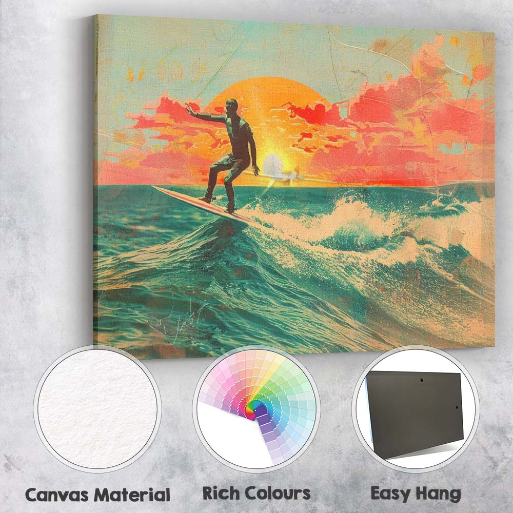 Retro Sunset Surfing Ocean Waves Tropical Beach Travel Poster Canvas Wall Art Print Decor Picture Ready to Hang