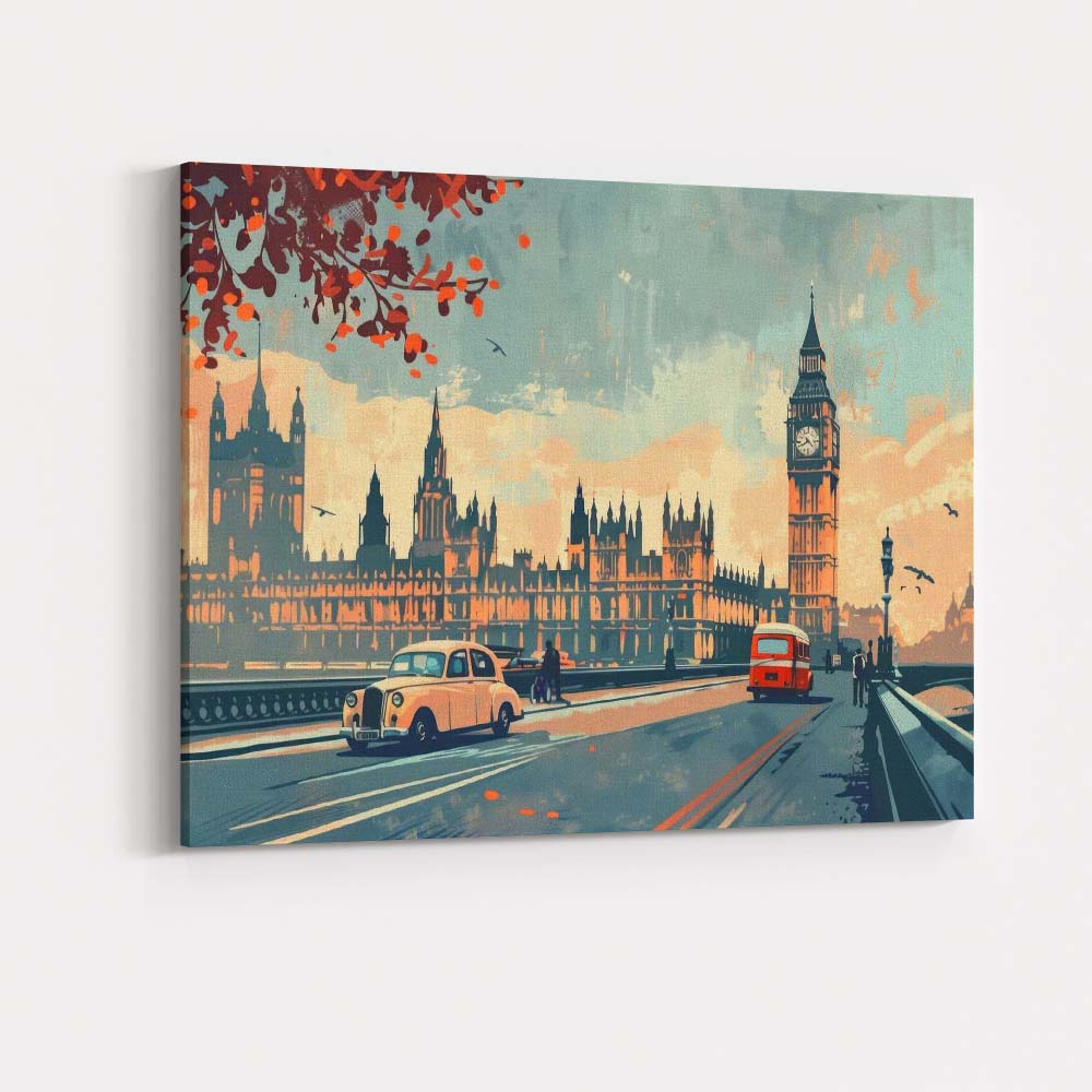 Retro London Westminster Big Ben Classic Taxi City Skyline Travel Poster Canvas Wall Art Print Decor Picture Ready to Hang