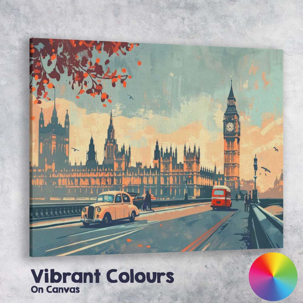 Retro London Westminster Big Ben Classic Taxi City Skyline Travel Poster Canvas Wall Art Print Decor Picture Ready to Hang
