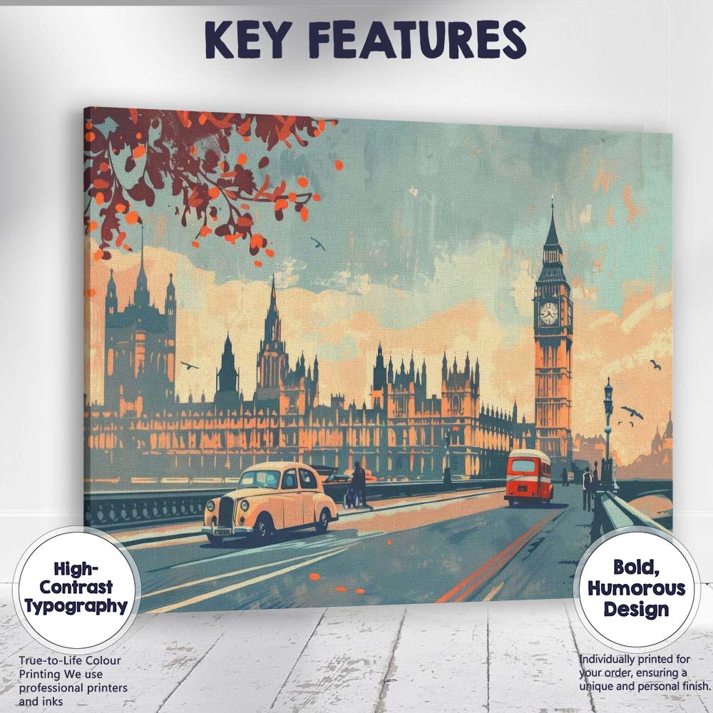Retro London Westminster Big Ben Classic Taxi City Skyline Travel Poster Canvas Wall Art Print Decor Picture Ready to Hang