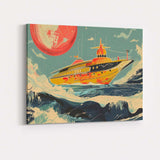 Retro Luxury Super Yacht Ocean Waves Sunset Illustration Canvas Wall Art Print Decor Picture Ready to Hang